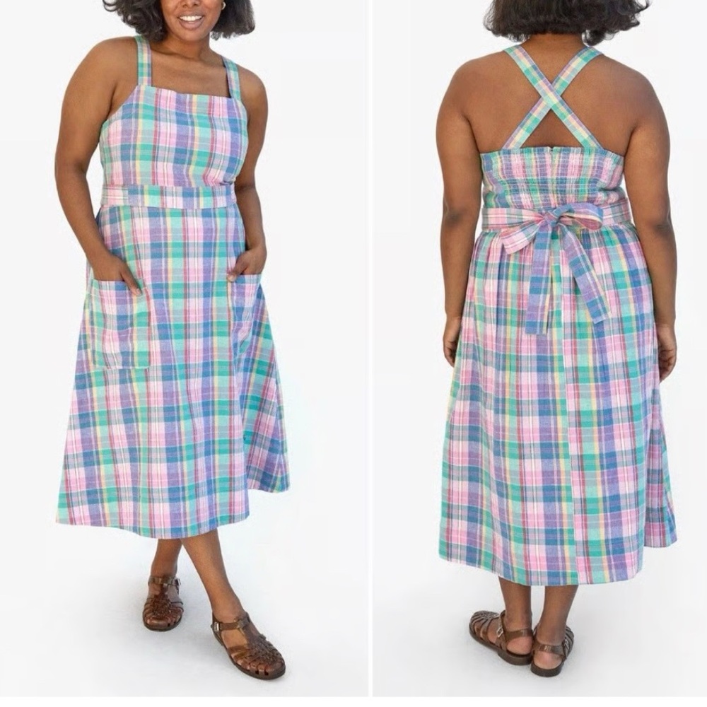 Clare V Lisette Dress Linen Plaid Multicolor Smocked Pockets Country XXL